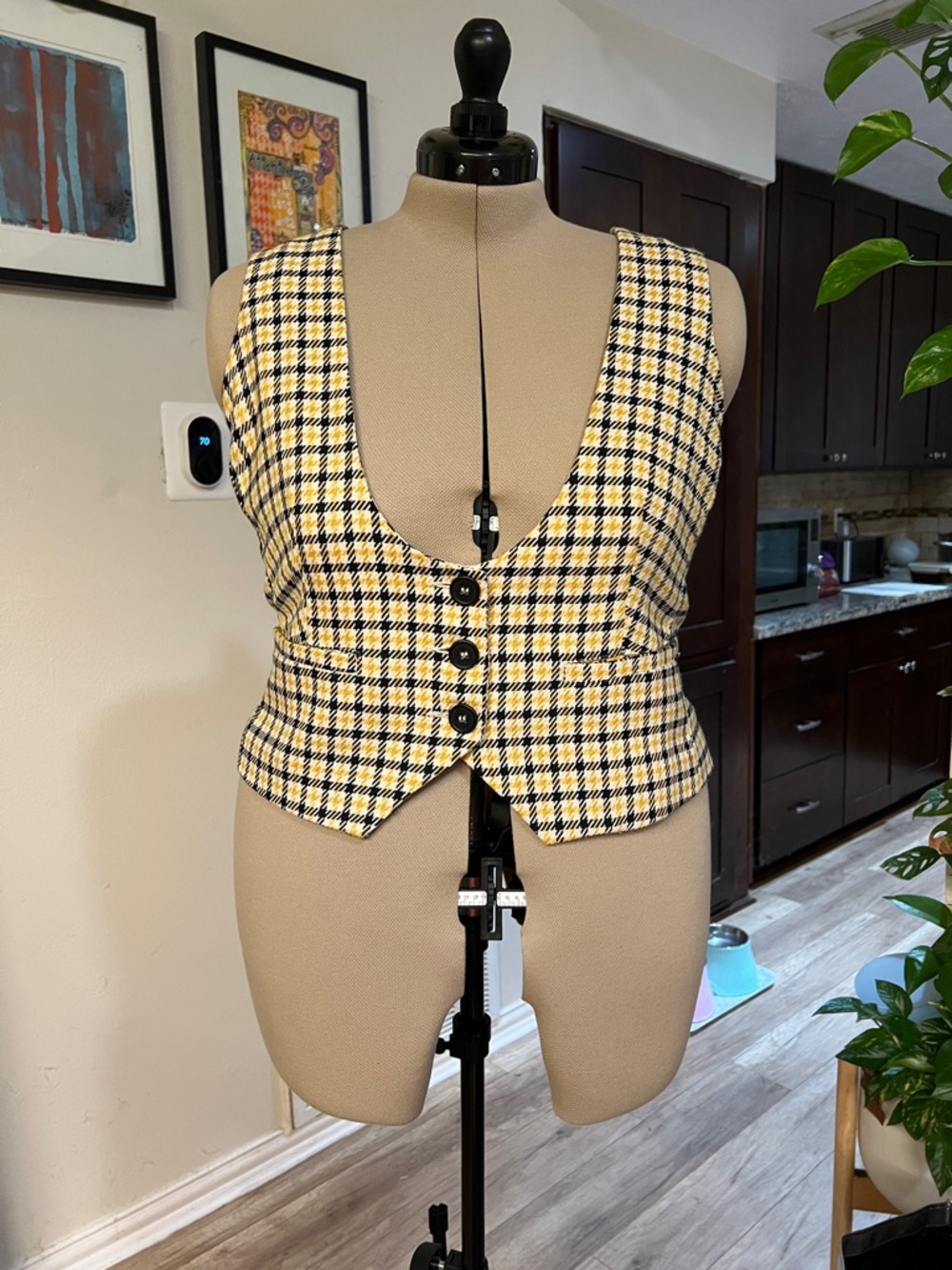 ModCloth Black, Yellow & Cream Plaid Button Front Vest